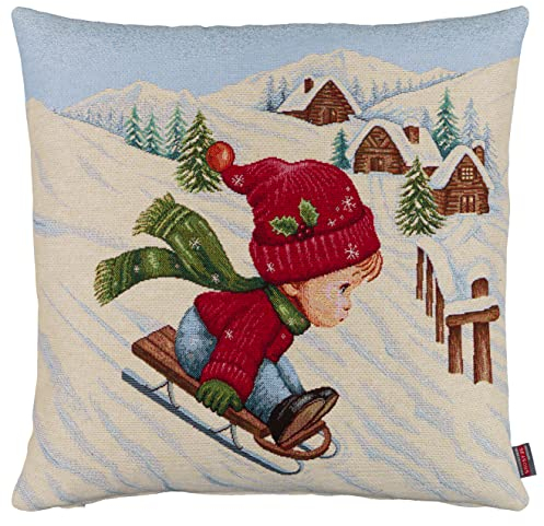 Hossner Garcon Kissenhülle 45x45 Gobelin Kissen Junge Schlitten Kissenbezug Gobelinkissen Weihnachten Winter