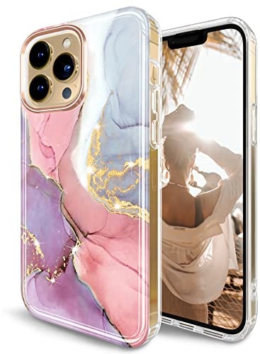 JIAXIUFEN Compatible with iPhone 14 Pro Case Gold Sparkle Glitter Marble Design Protective Shockproof Slim TPU Military Drop Protection Phone Case 6.1 2022 Pink Purple