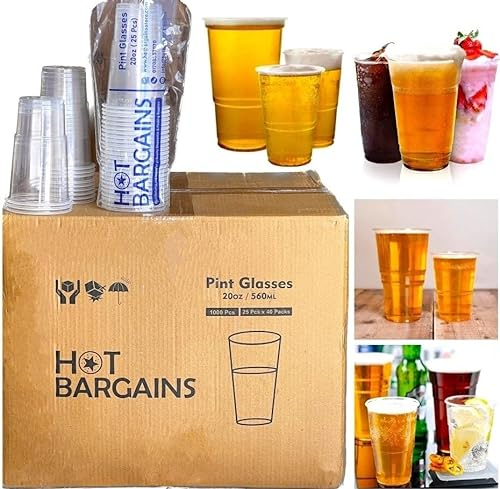 HOT BARGAINS 2000 x Reusable Plastic Beer Glasses, BPA-Free Food Grade PP, Clear Pint (20oz), Pack of 2000