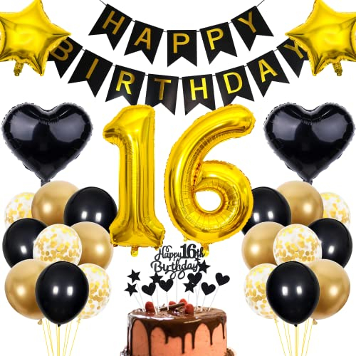 Cnrose 16. Geburtstag Dekoration - Schwarz Gold Party Deko für Junge und Mädchen - Tortendeko