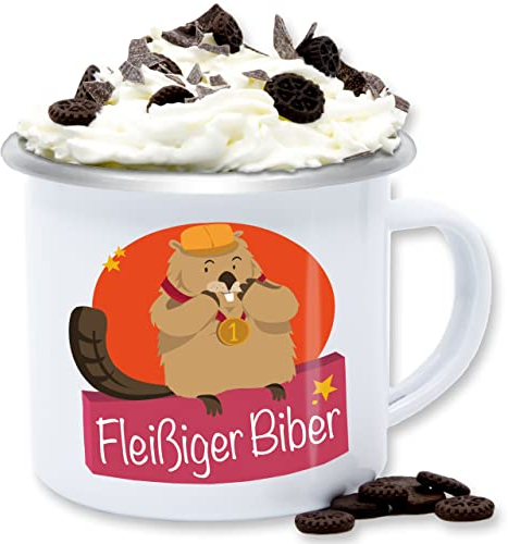 Emaille Tasse Blechtasse - Statement - Fleißiger Biber - 300 ml - Weiß Silber - statements bieber frohes neues jahr fleißig new year spruch mit