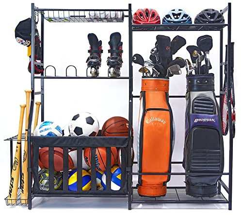 WALMANN Garage Sports Equipment Organizer, Golf Bag Stand for Garage Ball Storage Rack Indoor/Outdoor Kids Toys Storage Organizer Bins, Ball Holder with Baskets