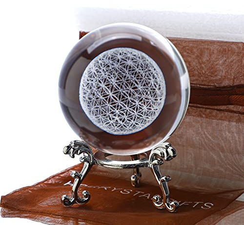 H&D HYALINE & DORA 60mm 3D Flower of Life Crystal Ball Paperweight with Stand, Glass Laser Engraved Ball Paperweight,Glass Ball Sphere Home Decor