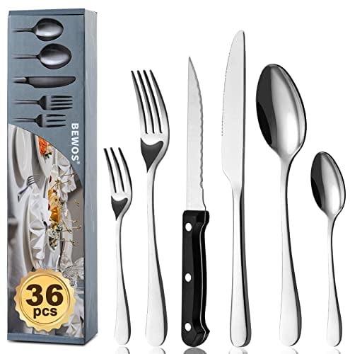 BEWOS 36-teiliges Besteck set mit Steakmesser Service für 6, Premium-Edelstahl-Bestecksets für Haus & Küche, Hochwertiges Messer-Löffel-Gabel-Besteck-Set Hochglanzpoliert, Spülmaschinenfest