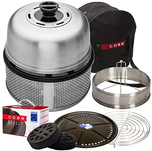 Cobb Grill Premier AIR Deluxe Holzkohlegrill - inkl. Tragetasche, Grillplatte, Bratenrost, Garraumerweiterung mit Hähnchenhalter, 1x Cobble Stones 6er