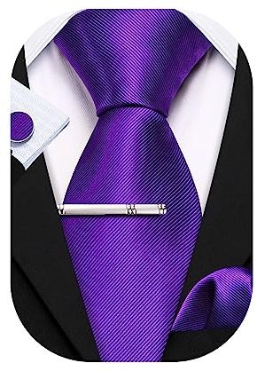 Barry.Wang Herren-Krawatten-Set mit Einstecktuch, Manschettenknöpfen und Krawattenspange, 4-teiliges Set, seidige Farbe, Paisleydesign, modisch, elegant, floral, Hochzeit, deep purple, Einheitsgröße