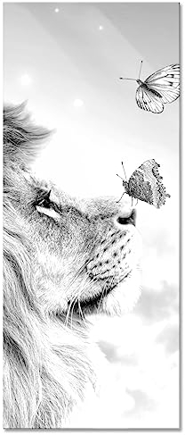Pixxprint Glasbild Panorama, Wandbild aus Echtglas, Löwe mit blauen Schmetterlingen, Monochrome, 100x40 cm, inkl. Aufhängung und Abstandshalter