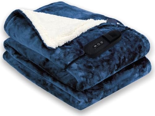 Luvego Wärmeunterbett mit abschaltautomatik - Wärmedecke elektrisch, 180 x 130cm, 9 verschiedene Wärmestufe, Wärmeunterbett aus Superweichem Flanell- und Sherpa-Fleece, Handwaschbar, Dunkelblau