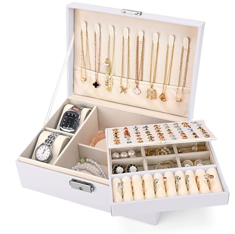 Sofore Boîte à Bijoux pour Femme, Grande Coffret à Bijoux à 2 Couches Avec 2 Coussins de Montre, Cuir Pu Organiseur de Bijoux de Voyage Pour Boucles Doreilles Bagues Colliers Montre, Blanc