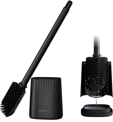EVEFU Silicone Toilet Brush & Holder Long-Handle Toilet Brush set with holder Quick Dry Base Wall-Mounted Soft Flexible Bristles Hygienic Bathroom Deep Cleaning Brush (Black)