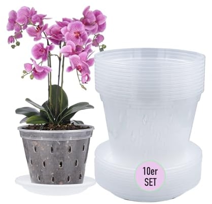 Garten lux Set di 10 vasi per orchidee trasparenti con foro per drenaggio, diametro 17 cm, 1,5 l e 10 sottobicchieri, in plastica, per interni