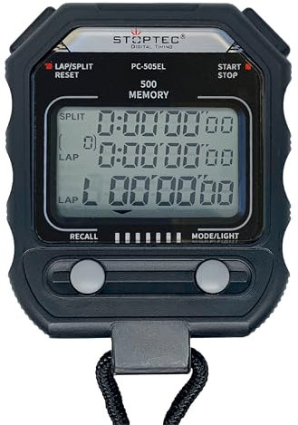 Stoptec Stoppuhr PC-505 EL | Digital | Dreizeiliges Display | Uhrzeit & Datum | Alarm | Zwischenzeitmessung | Schlagzahlmessung | Druckpunktmechanik | LED-Beleuchtung | Spritzwasserfest | 500 Memory