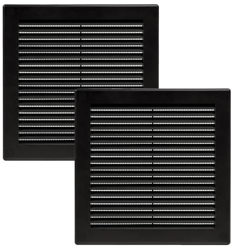 Vent Systems Lot de 2 caches d'aération noirs - 200 x 200 mm - Fentes d'aération plates et carrées - Protection contre les insectes intégrée - Ouvertures d'aération CVC pour salle de bain, bureau à