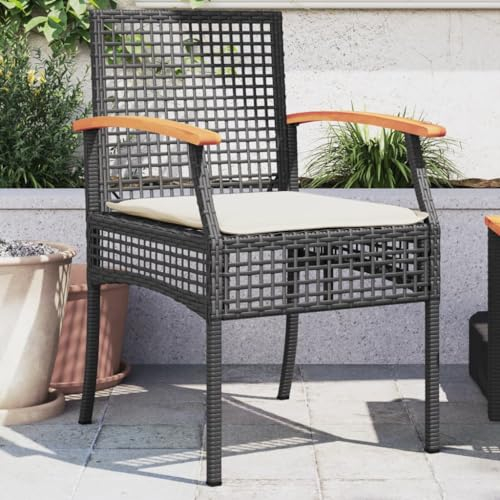 Tidyard Gartenstühle mit Kissen 2 STK. Gartenstuhl Terassenstuhl Gartensessel Loungesessel Sessel für Garten Terrasse Schwarz Poly Rattan Akazienholz