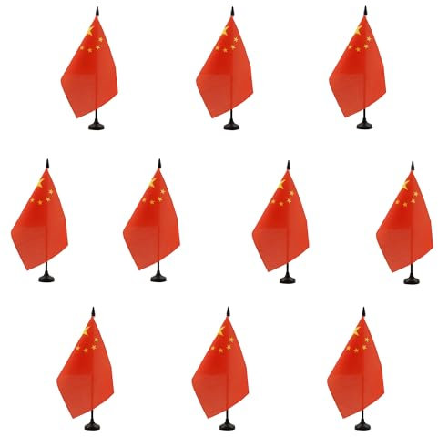 AZ FLAG - Lot de 10 Drapeau De Table Chine 21x14 cm - 10 Petits Drapeaux Chinois De Bureau 100% Polyester Avec Hampe De 25cm Et Socle En Plastique Noir