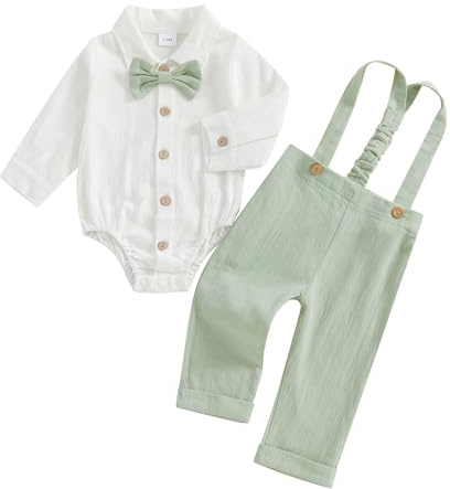 MAHUAOYIXI Tenue Gentleman 2 Pièces pour Bébé Garçon Body Chemise Manches longues avec nœud papillon + Pantalon à Bretelles Ensemble Gentleman Mariage Cérémonie