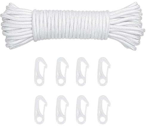 Flag Pole Rope with Flag Pole Clip, 20M Nylon Flag Rope Flagpole, 6mm Flag Pole Halyard Rope Kit Tree Swing Ropes with 8 Flag Pole Clip for Outdoor Sailboat Garden Camping(White)