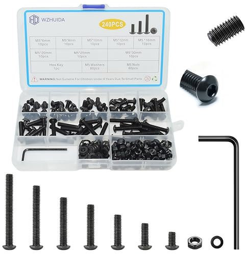 WZHUIDA 240 Stück M5 Schrauben Set, Schwarz Metrisch Linsenkopfschrauben Innensechskant Schrauben Muttern und Unterlegscheiben Sortiment Set, Gewindemaschinen Sechskantschrauben