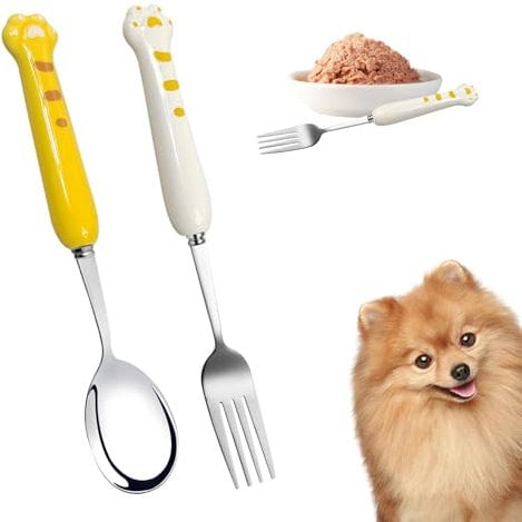 Pet Food Spoon, Long Pet Can Spoon and Dog Food Fork Stainless Steel Cat Food Spoon Fork Dog Cat Feeding Spoon for Wet Food (White Yellow)