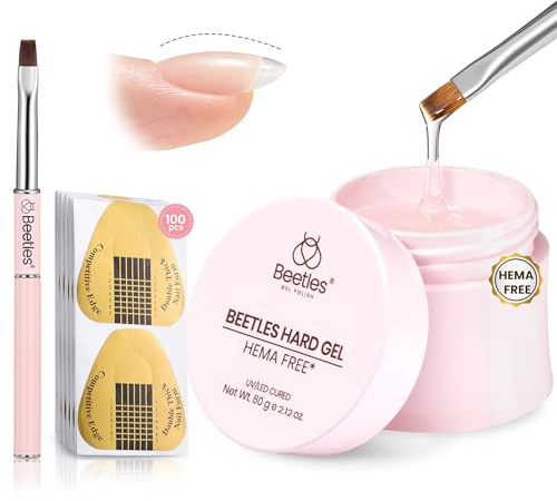 Beetles 9-in-1 Hard Gel for Nails, 60g Clear Sculpted Gel for Extension & Strengthening with Flat Brush 100 Pcs Nail Forms Manicure Gifts for Women Girls