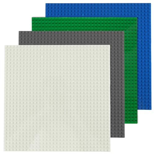 4 Pack Classic Baseplates Compatible with Lego, 10x10 Square Base Plate with 32 x 32 Studs, Large Building Bricks Building Board Build and Display Board Set for Major Brands, Grey/Green/White/Blue