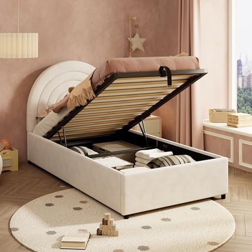 ModernLuxe Upholstered Single Bed with Storage, 3FT Ottoman Bed with Sturdy Wooden Slatted Frame and Upholstered Headboard, Easy to Assemble, Ideal for Adults and Teenagers, Velvet, Beige, 90x190cm