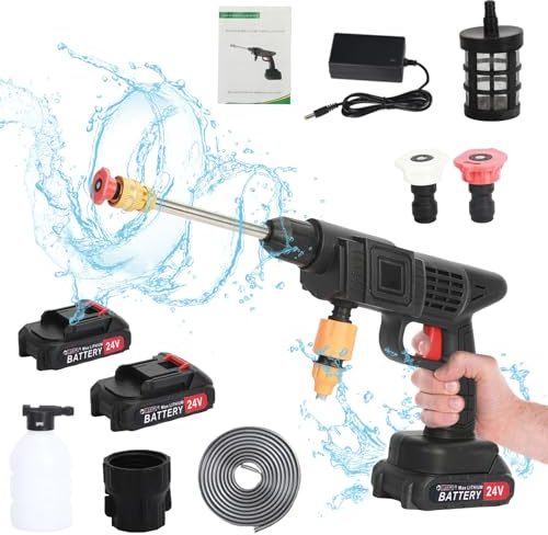 Nettoyeur Haute Pression Sans Fil 24V avec 2 Batteries 1500 mAh et Chargeur | Pistolet Haute Pression Portable avec Pulvérisateur Mousse et Tuyau 5 m | Nettoyeur Haute-Pression Sur Batterie pour Voitu