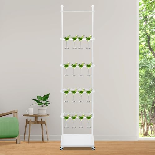 MIIWWOWO Champagne Glass Holder Stand - 42 x 30 x 176 cm- 5 Levels 32 Wine Glass Rack - Metal Champagne Tower Display Stand for Bar Party Wedding Family Celebrations Decor (White)