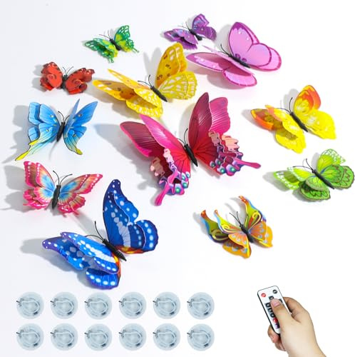 SoulBay Schmetterlingsaufkleber, 36-teiliges 3D Schmetterlings Wanddeko Set mit 12 RGB LED Teelichtern mit Fernbedienung und Timer, Batteriebetrieben für Schlafzimmer, Party, Zimmer, Frühlingsdeko