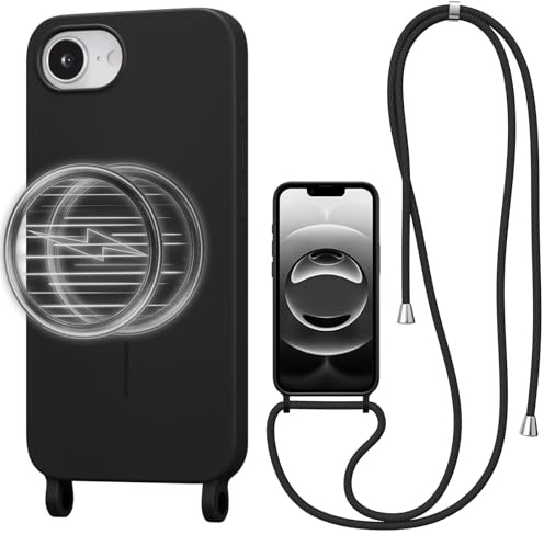 UCASONG Magnetic Case for iPhone 16e/17e with Lanyard, Black | Compatible with MagSafe, Crossbody Liquid Silicone Case, Soft Shockproof Protective Cover, with Adjustable Neck Cord Strap