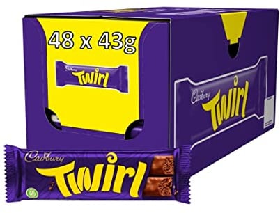 Cadbury Twirl Chocolate Bar, 43 g, pack of 48. Twinpack