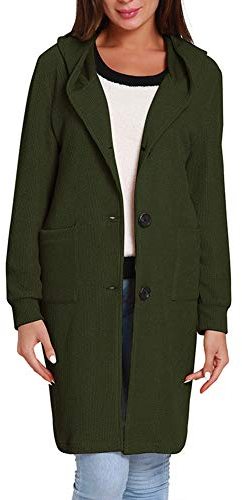 Donna Manica Lunga Maglia Cappuccio Cardigan Tinta Unita Windbreaker Maglioni Cappotto Verde Militare M
