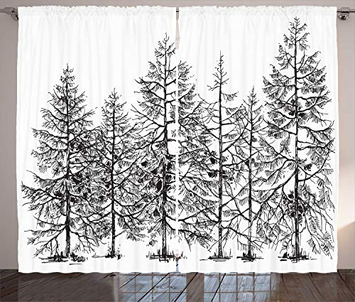 ABAKUHAUS Winter Rustikaler Gardine, Saisonale Kiefer Landschaft, Schlafzimmer Kräuselband Vorhang mit Schlaufen und Haken, 280 x 175 cm, Weiß Schwarz