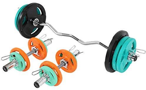 GORILLA SPORTS® Hantelset 75kg - Olympia SZ Curlstange 120cm, 14 Gummi Gripper Hantelscheiben, 2 Kurzhantelstange, 50mm, gerändelt, verchromt, 6 Federverschlüsse - SZ-Stange, Langhantel Set, Curlset