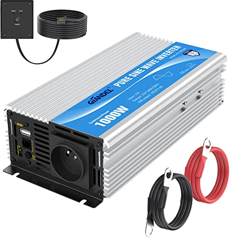 GIANDEL 1000W Convertisseur 12V 220V Pur Sinus pour RV Voiture de Camion Onduleur 230V 240V Transformateur Onde Sinusoïdale Pure avec Télécommande 2.4A USB Ports