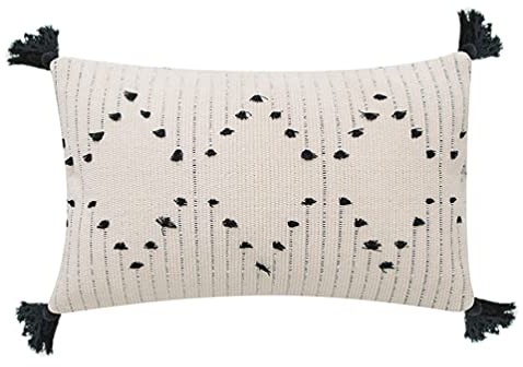 MOCOFO Lendenkissenbezug 30x50 cm, Baumwollmischgewebe mit Wellenmuster, Handgewebt mit Schwarzem Garn, Schwarze Quasten, Ethno-Stil, Dekoration für Sofa, Schlafzimmer, Café