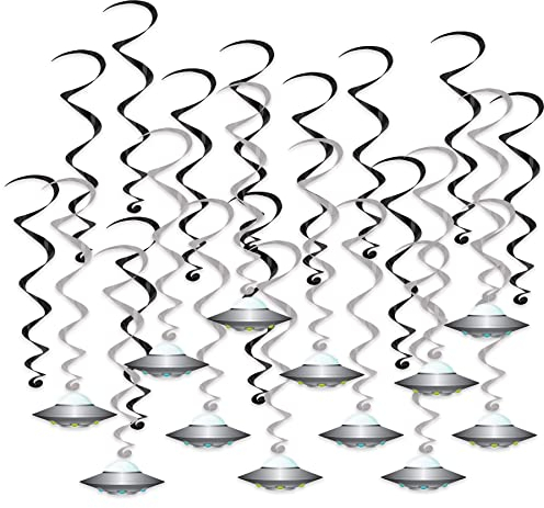 Beistle 53763 Soucoupes volantes Tourbillons 24 pièces Décorations de l'Espace Alien Fournitures de fête suspendues, Papier, Noir/Argent/Blanc/Bleu/Vert