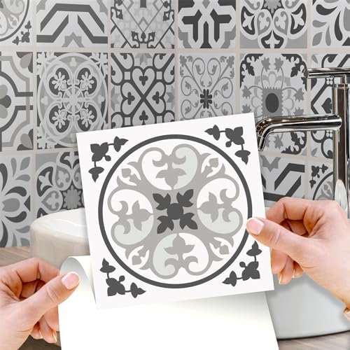 WALPLUS 72 pcs 15cm (6) Novi Light Grey Cement Azulejo Tile Stickers Peel and Stick Self-Adhesive Vinyl Wall Tiles for Kitchen Bathroom Bedroom Backsplash DIY Home Décor