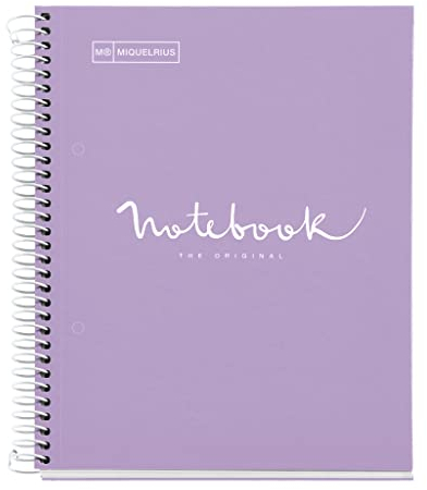 Miquelrius - Notizbuch A5 Punkte Notebook, 1 farbiger Streifen, 80 Blatt liniert mit Punkten (Dots), Papier 90 g/m² mikroperforiert mit 2 Bohrungen für 2 Ringe, Einband aus Karton, Farbe Lavendel