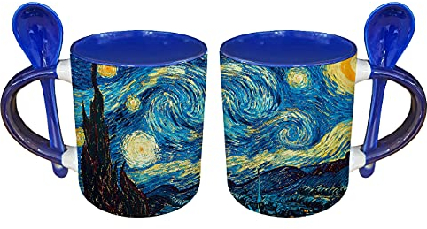 My Custom Style 2 Tassen-Teelöffel Blau #Kunst-Nacht Sternenhimmel Van Gogh# 325ml Keramik mit Löffel im Griff