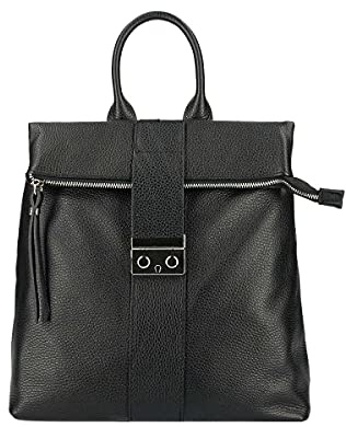Made in Italy XL Damen Leder Roll Top Rucksack Cityrucksack Shopper Handtasche Schultertasche Ledertasche Freizeitrucksack Tasche Schwarz