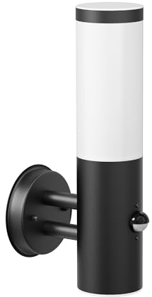 ledscom.de Wandleuchte PORU für außen, IP44, Bewegungsmelder, Edelstahl, schwarz matt, rund, 1x E27 max. 15W