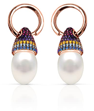 Tiramisu | Orecchini con Le Perle e Zirconi | Gioiello Ragazza/Bambina | 925 Argento Sterling Placcato Oro Rosa | Perle Naturali Coltivate | Cerchio Sottile | Regalo Elegante | Senza Nichel | 17,8 mm