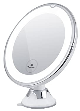 EMEK Schminkspiegel LED, 5X Tragbarer Beleuchteter Reise-Make-up-Spiegel, 360° drehbarer Schminktischspiegel mit natürlichem Tageslicht, Knopfsteuerung, Easy-Lock-Saugnapf, Batterie