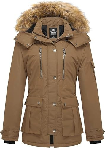 Wantdo Women's Winter Cotton Padded Coat Warm Outdoor Windproof Jacket Faux Fur Hood Coats Classic Ladies Parka Jacket Khaki S