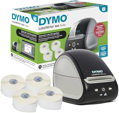 DYMO LabelWriter 550 Turbo Label Printer Bundle, Label Maker with Direct Thermal Printing, Automatic Label Recognition, Includes Address Labels, Multipurpose Labels, Durable Multipurpose Labels