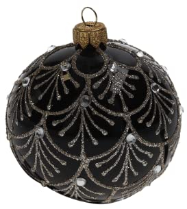 Keyhomestore - 4er Set Weihnachtsbaumkugeln aus Glas, schwarz und Dekor silber und Glitzer, Weihnachtsbaumschmuck für den Innenbereich, Durchmesser 8 cm