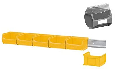 Wandleiste mit 6x Gelbe Sichtlagerbox 1.0 mit Abdeckung | HxBxT 6,1x60,5x10cm | Wandhalterung, Kleinteileaufbewahrung, Sortimentsboxhalterung