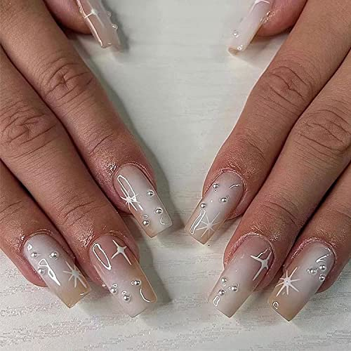 24Pcs French False Nails Coffin Medium Length Fake Nails Star Artificial Full Cover Press on Nails White Pearls Ballerina Acrylic Stick on Nails for Women Girls Nail Art DIY