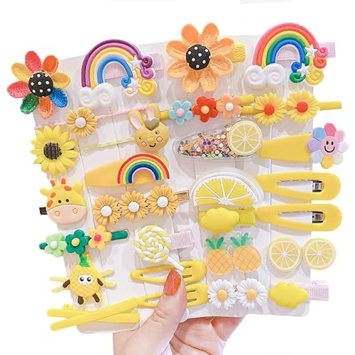 Lot De 28 Pinces à Cheveux Mignonnes Mode Filles Accessoires Pour Cheveux Fleur Fruits Coloré Arc-En-Ciel Bonbons Dessert Mignon Animal Pinces à Cheveux Ensemble Anti-Dérapant En Métal (Jaune)